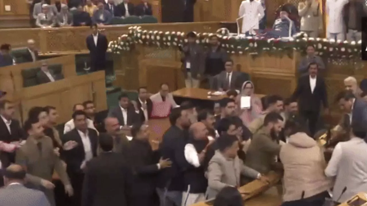 अखाड़ा बनी जम्‍मू-कश्‍मीर विधानसभा, आर्टिकल 370 पर बैनर दिखाने को लेकर हाथापाई