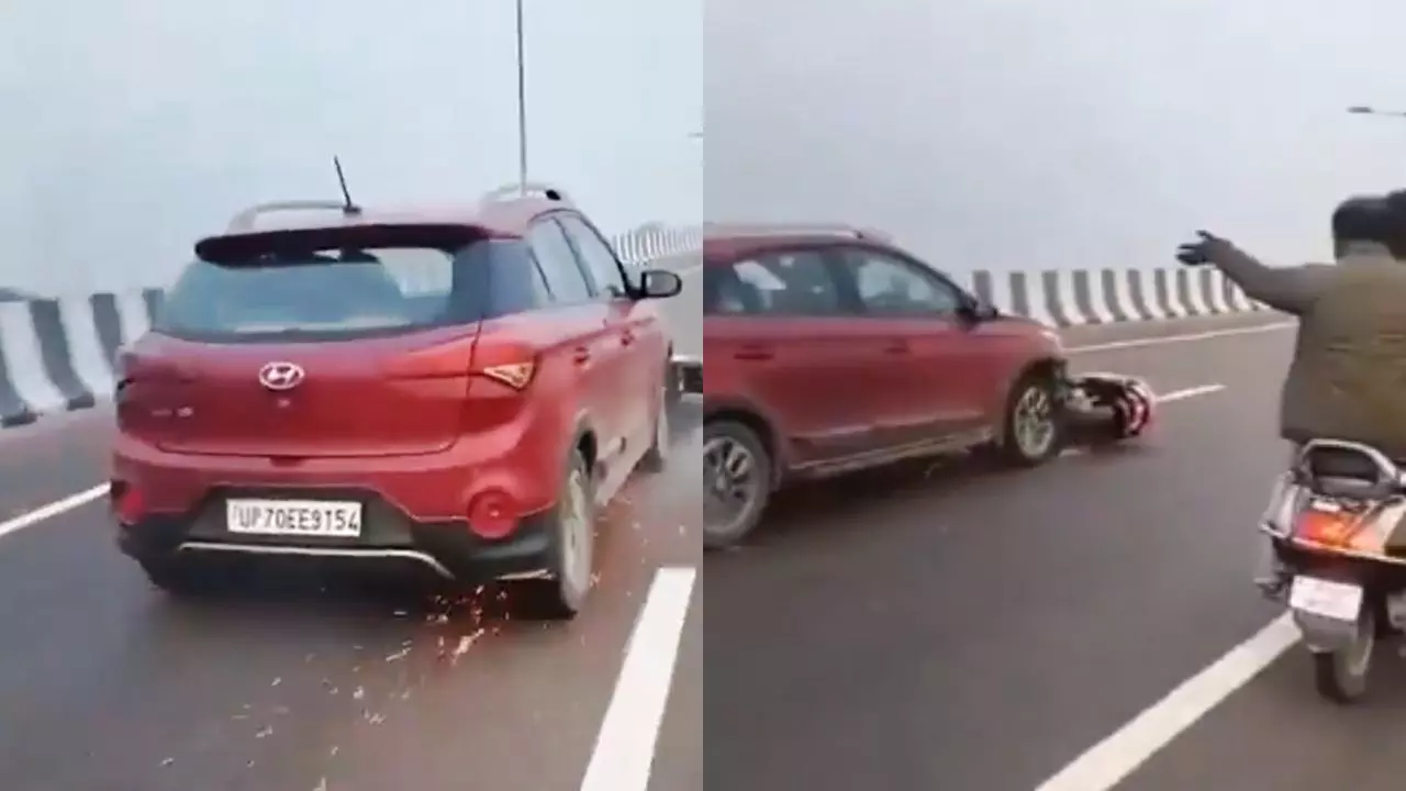 लखनऊ में दर्दनाक हादसा: कार ने स्कूटी को मारी टक्कर, एक किलोमीटर तक घसीटा, Video वायरल