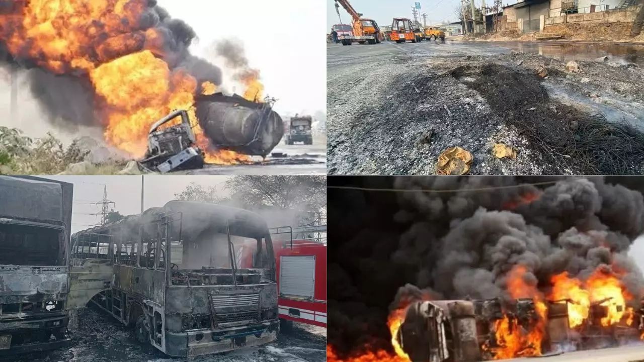 CNG टैंकर और ट्रक की टक्कर से जयपुर में लगी भीषण आग, कई गाड़ियां जलते हुए राख, 14 की हुई मौत