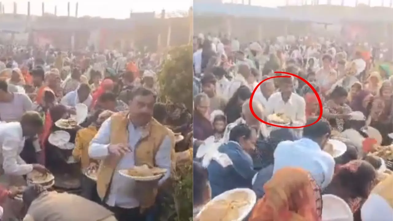 मुरैना में पूरी और रसगुल्ले के लिए मची भगदड़, प्लेट में झपटा मारते नजर आए लोग| VIDEO