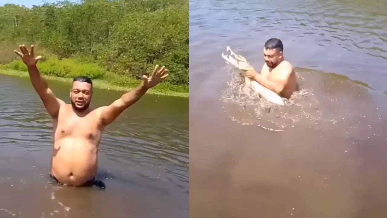 VIDEO: बोले तो यमराज भी कुछ नहीं कर सकता! नदी में डुबकी लगाते ही युवक के हाथ में आ गया मगरमच्छ और फिर...