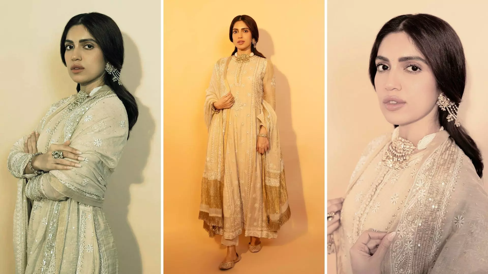 गोल्डन चिकनकारी एथनिक लुक में छाई Bhumi Pednekar, हैवी ज्वेलरी से लुक किया कंप्लीट