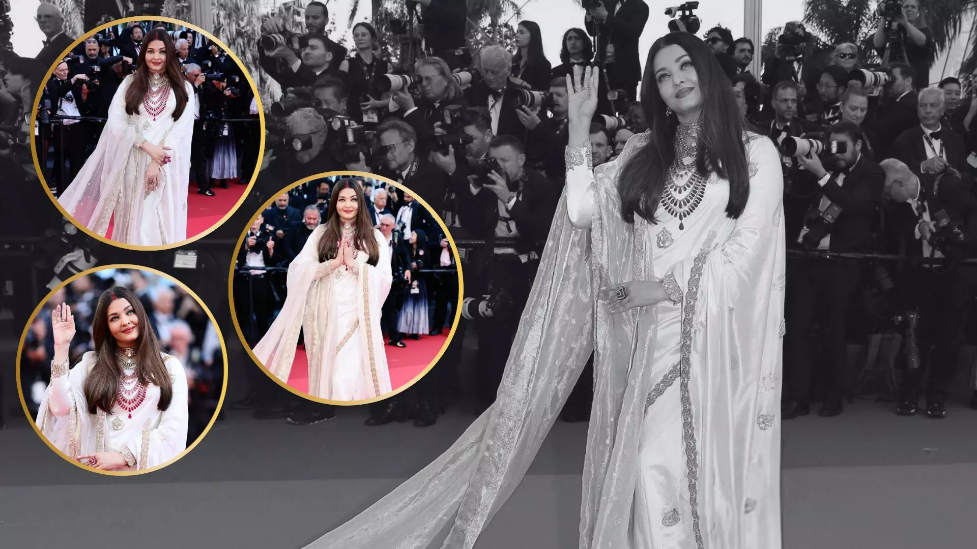 सोने-चांदी की एम्ब्रायडरी आइवरी बनारसी साड़ी, 500 कैरेट रूबी के साथ Aishwarya Rai का रॉयल लुक