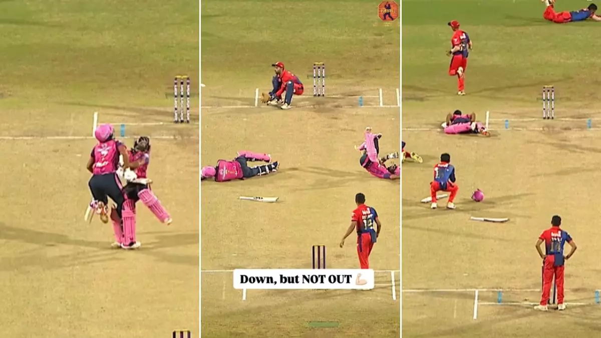 क्रिकेट का कॉमेडी सीन! पिच पर भिड़े दो बल्लेबाज, गिर पड़े लेकिन फिर भी रनआउट नहीं! वीडियो हुआ वायरल क्रिकेट का कॉमेडी सीन! पिच पर भिड़े दो बल्लेबाज, गिर पड़े लेकिन फिर भी रनआउट नहीं! वीडियो हुआ वायरल