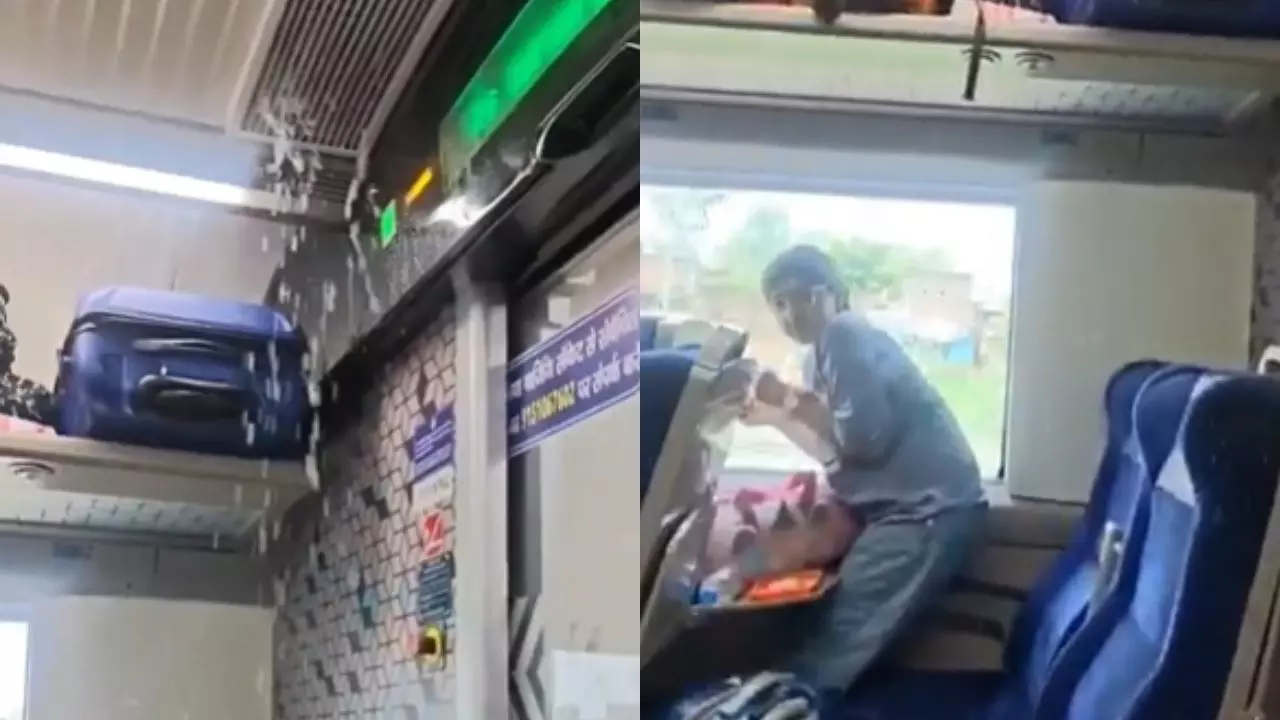 ट्रेन में सफर या झरने का मजा? वंदे भारत एक्सप्रेस में AC से बहा पानी, VIDEO वायरल