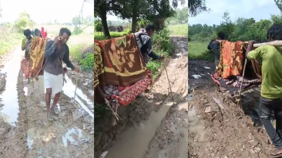 मंत्री के गृह क्षेत्र में न रोड, न एम्बुलेंस... कीचड़ में खाट पर ले जाई गई गर्भवती महिला, जुड़वां बच्चियों में से एक की मौत;  वीडियो वायरल