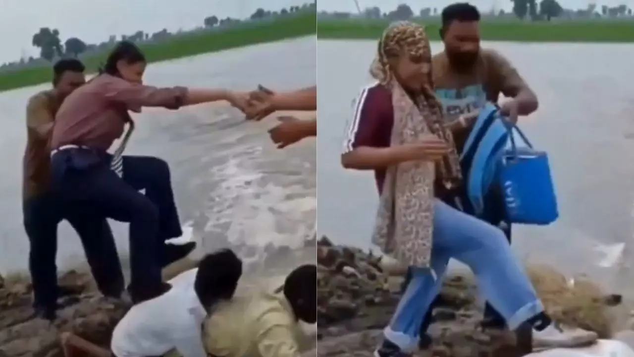 अपनी पीठ पर बना दिया पुल... बच्चों को मौत के मुंह से बचाकर पार कराया रास्ता, देखें VIDEO