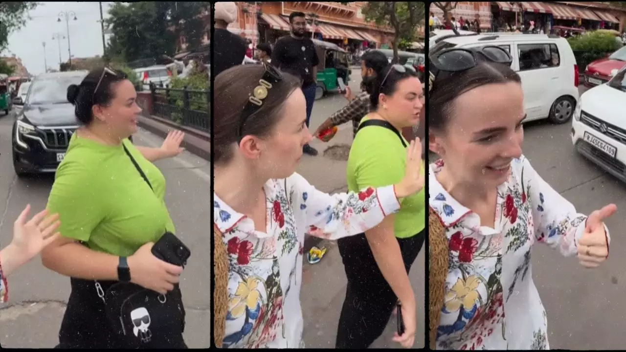 देसी अंदाज में Russian महिला ने पार की सड़क, हवा महल घूमते अनोखे अंदाज का Video Viral