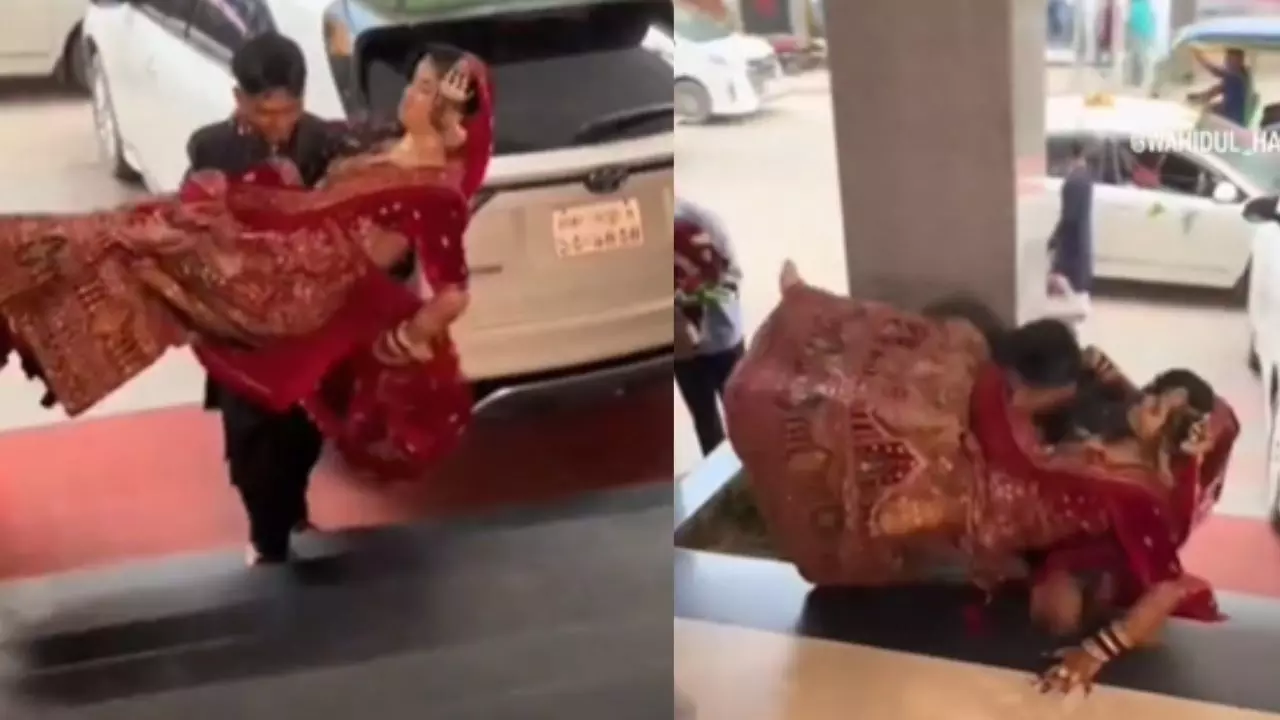 तुमसे न हो पाएगा... रॉयल एंट्री ने फैला दिया रायता, शादी के लिए दुल्हन को गोद में उठाकर सीढ़ियों से गिरा दूल्हा| VIDEO
