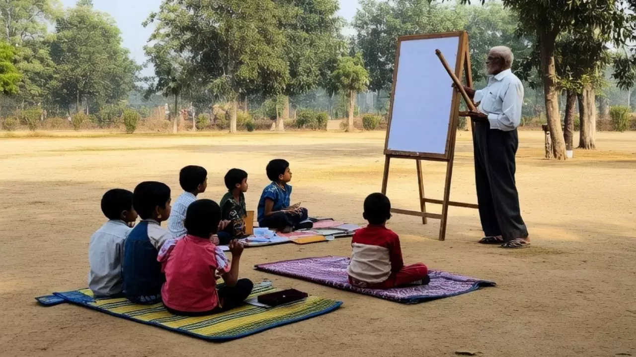 बरसात ने रोकी पढ़ाई, राजस्थान में श्मशान घाट बना बच्चों का क्लासरूम! जानें पूरा मामला बरसात ने रोकी पढ़ाई, राजस्थान में श्मशान घाट बना बच्चों का क्लासरूम! जानें पूरा मामला