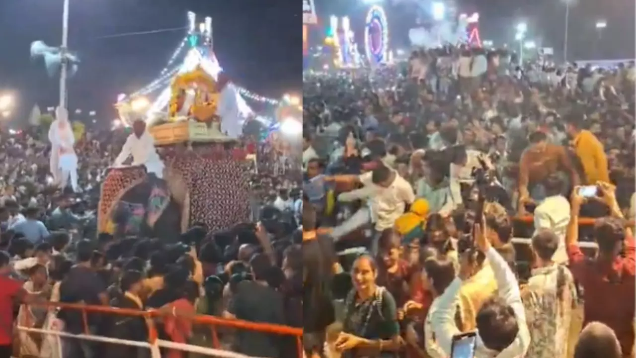 पटाखों की आवाज से बेकाबू हुआ हाथी, दशहरा मेले में मची भगदड़, VIDEO वायरल पटाखों की आवाज से बेकाबू हुआ हाथी, दशहरा मेले में मची भगदड़, VIDEO वायरल