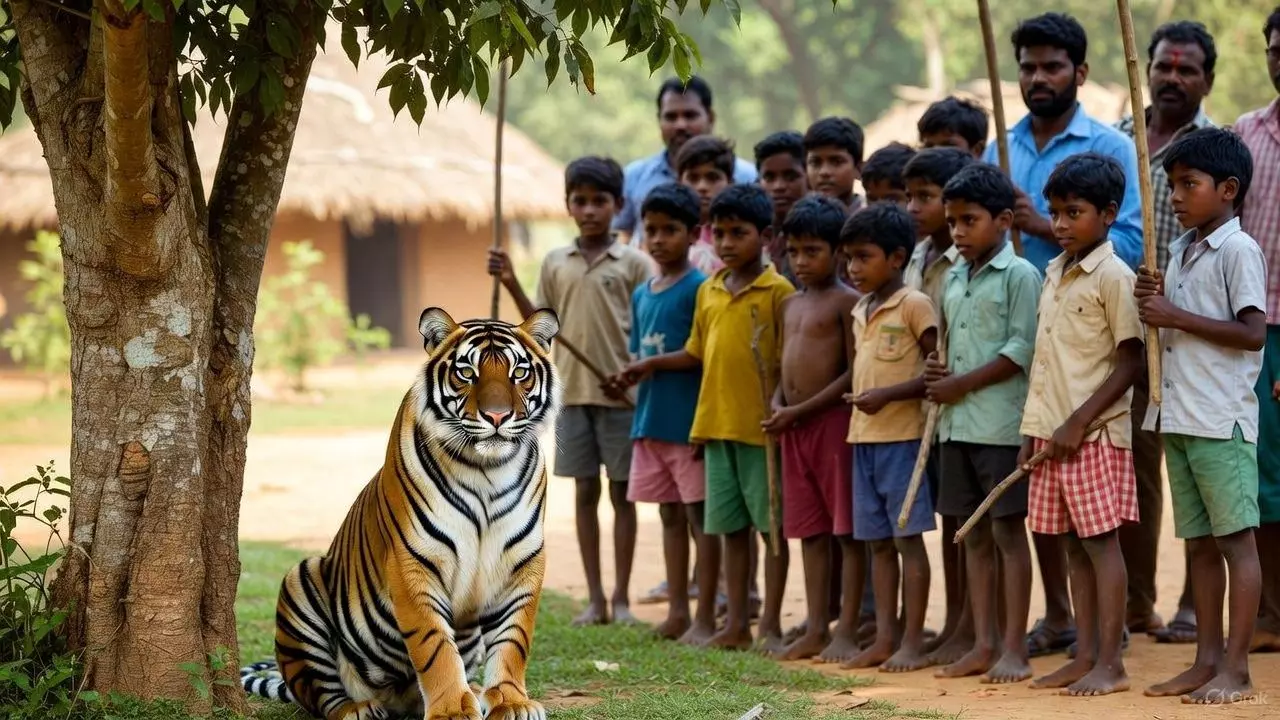 जंगल से भटक कर गांव पहुंचा बाघ, जान बचाने के लिए बच्चों और टीचर्स को डंडों का सहारा