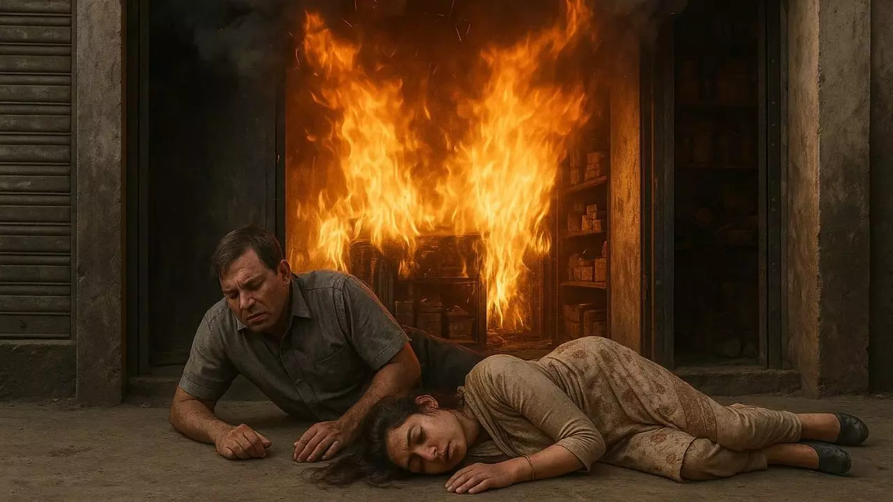 किराना की दुकान में लगी भीषण आग, शटर बंद होने से अंदर ही रह गए कपल: दम घुटने से चली गई जान