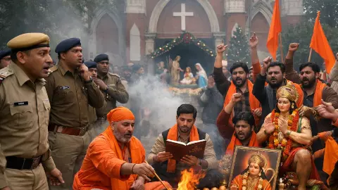 वाटर कैनन, 200 पुलिस वाले... क्रिसमस पर बवाल, चर्च के सामने हवन और हनुमान चालीसा कर रहे हिंदू संगठन, पुलिस भी सकते में
