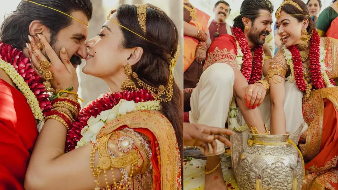 VIROSH WEDDING की पहली झलक, साउथ इंडियन लुक में जचे Rashmika-Vijay; देखें तस्वीरें