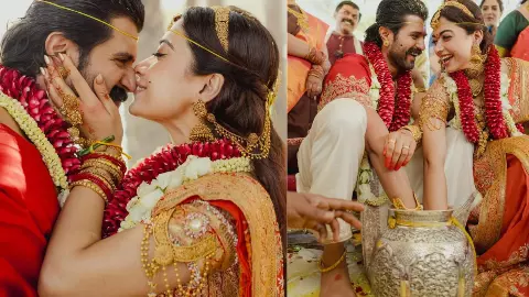 VIROSH WEDDING की पहली झलक, साउथ इंडियन लुक में जचे Rashmika-Vijay; देखें तस्वीरें