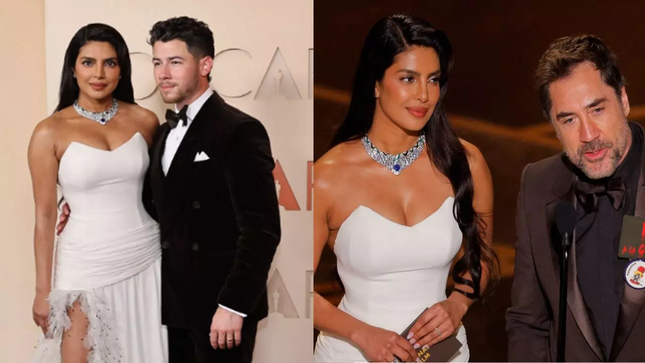 priyanka chopra oscars 2026 presented award with javier bardem nick jonas red carpet look