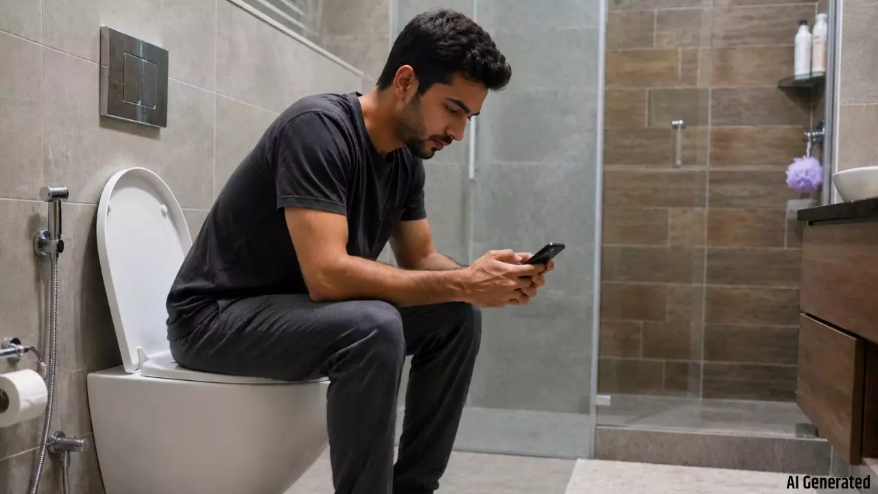 man using mobile phone in bathroom