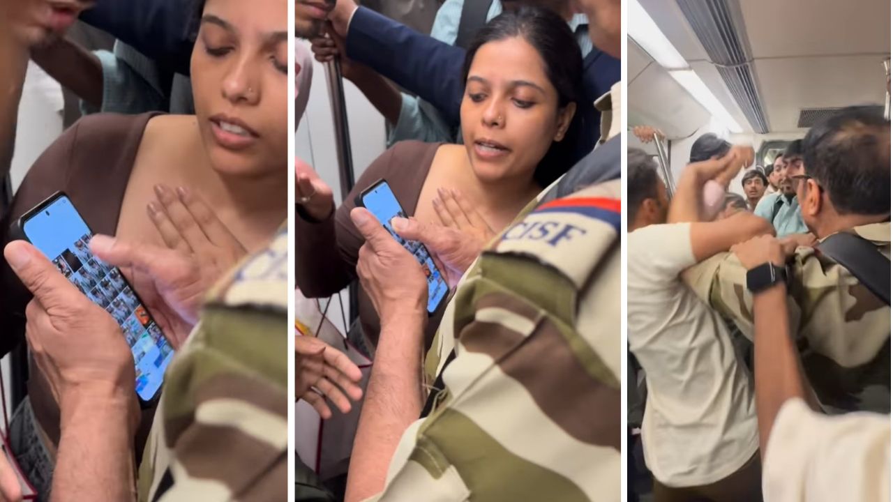 दिल्ली मेट्रो में CISF जवान पर महिला की चुपके से ले रहा फोटो, पिस्टल दिखाने से मचा हड़कंप; लोगों ने कॉलर पकड़ के किया बाहर! VIDEO