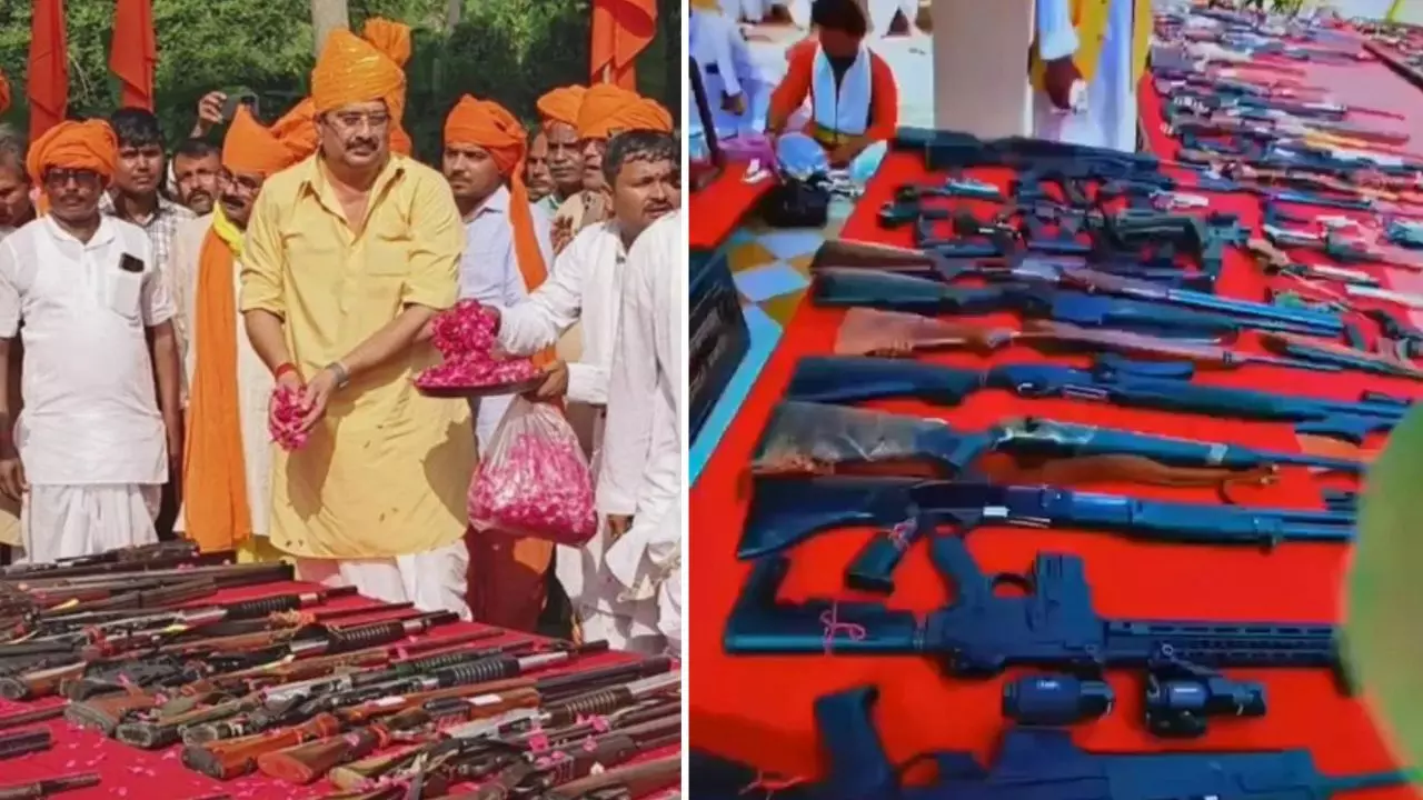 हाथी के दांत खाने के और, दिखाने के और...दशहरा के दिन राजा भैया ने की 500 से अधिक हथियारों की पूजा, सोशल में उठा लाइसेंस पर सवाल