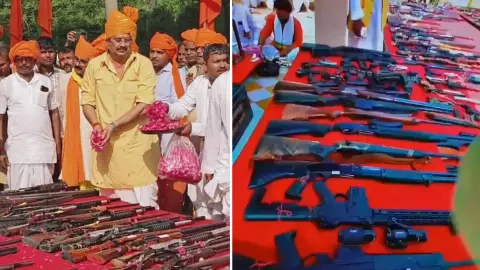 हाथी के दांत खाने के और, दिखाने के और...दशहरा के दिन राजा भैया ने की 500 से अधिक हथियारों की पूजा, सोशल में उठा लाइसेंस पर सवाल